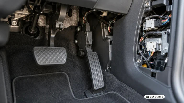 Nahaufnahme eines Gaspedals mit sichtbarem Sensor und Kabelbaum im Fussraum eines Autos