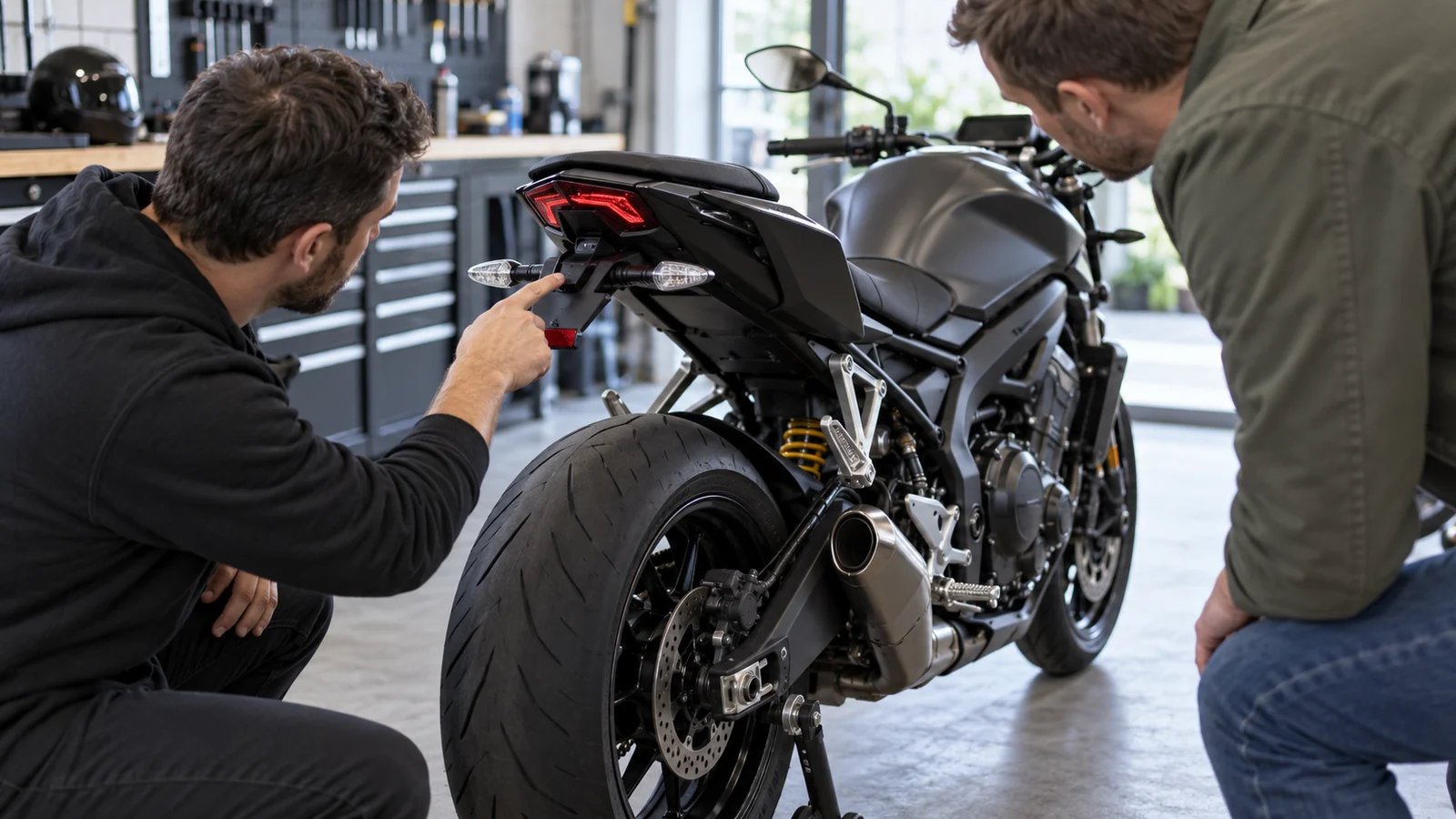 Zwei Männer am Motorradheck, einer zeigt auf Kennzeichenhalter und Blinker. KI-generierte Szene · redaktionell geprüft.