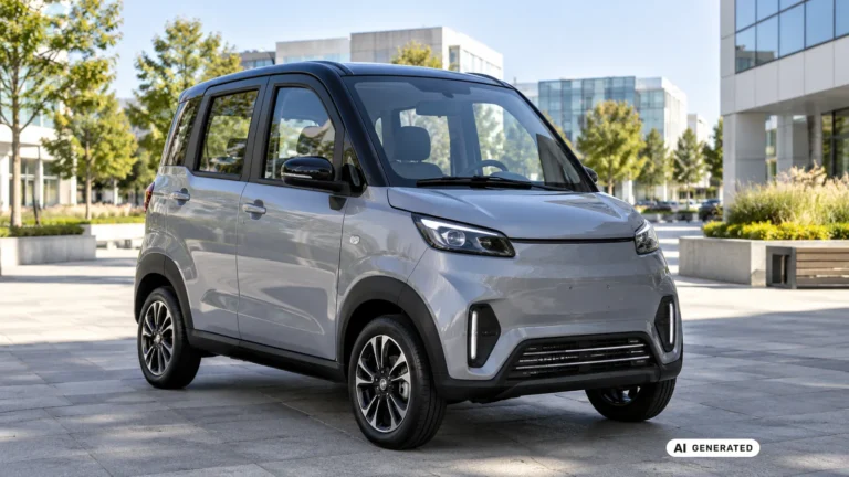 Geco 4YOU Microcar in einer städtischen Fußgängerzone. KI-generiertes Symbolbild · redaktionell geprüft.