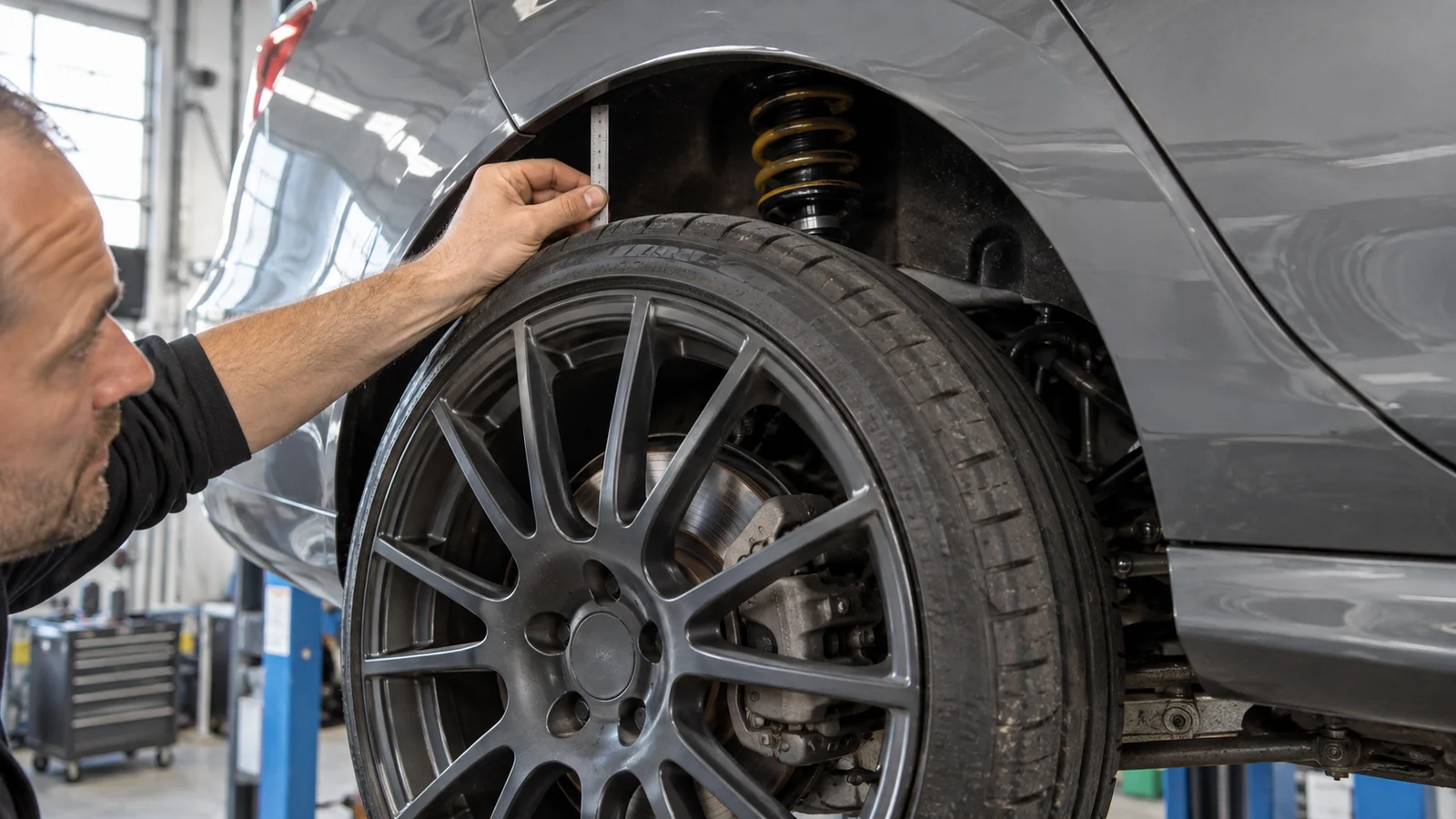 Mechaniker misst mit einem Lineal den Abstand zwischen Reifen und Kotflügelkante. KI-generierte Szene · redaktionell geprüft.