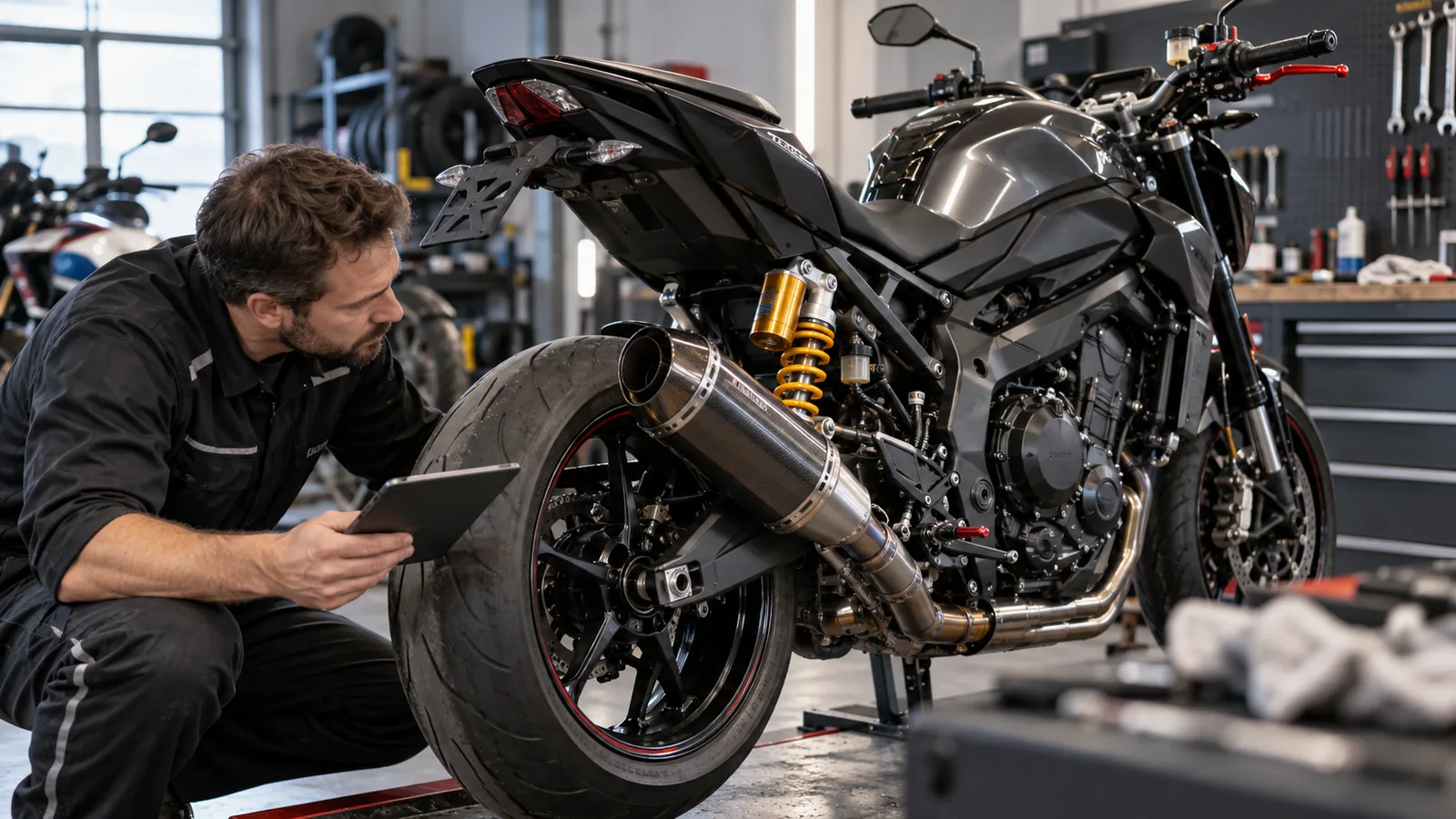 Getuntes Motorrad gebraucht kaufen: Mechaniker prüft ein Motorrad und zugehörige Anbauteile in der Werkstatt. KI-generiertes Symbolbild · redaktionell geprüft.