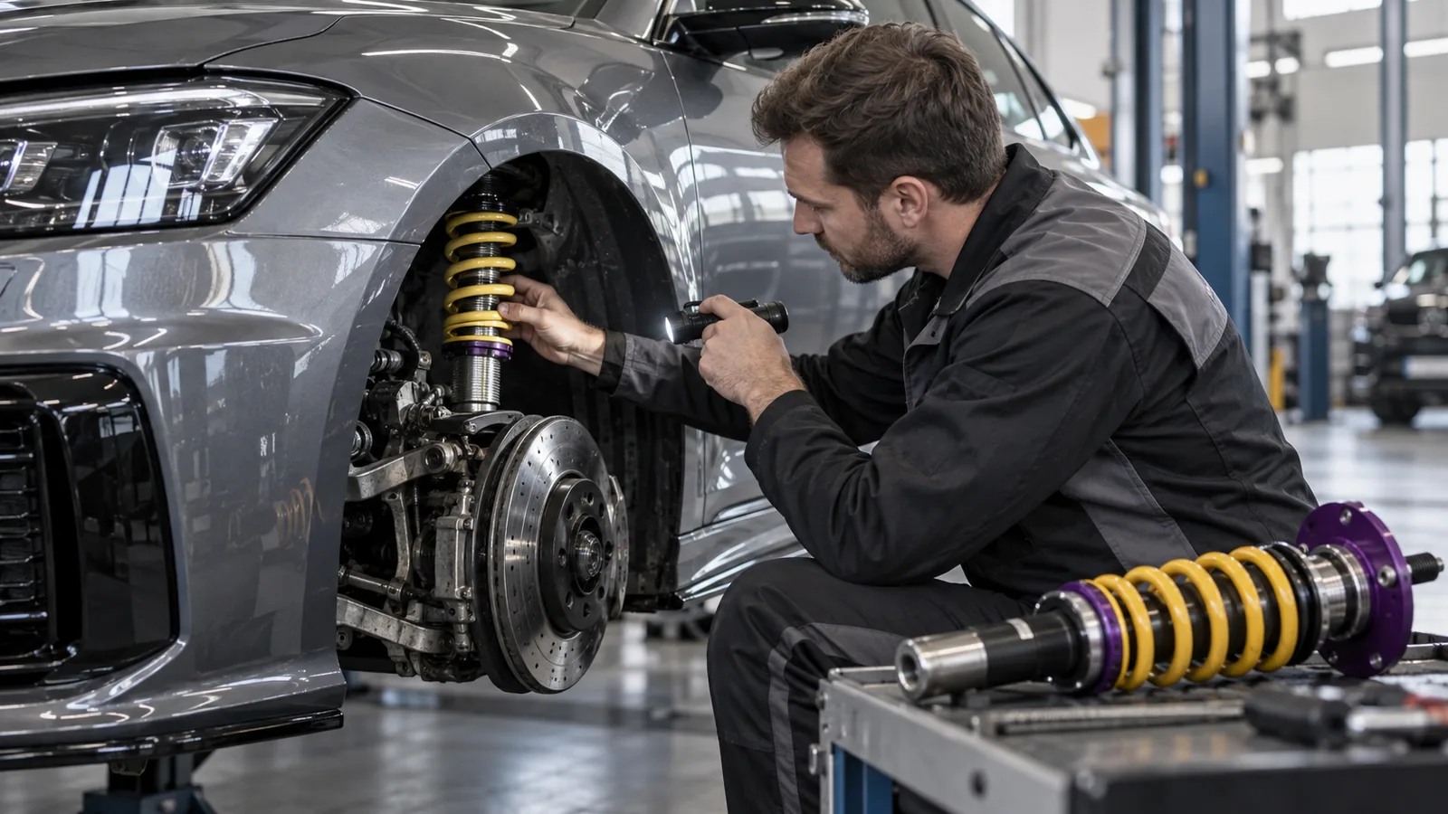 Gewindefahrwerk eintragen: Servicetechniker prüft ein Fahrzeug und zugehörige Bauteile in der Werkstatt. KI-generiertes Symbolbild · redaktionell geprüft.
