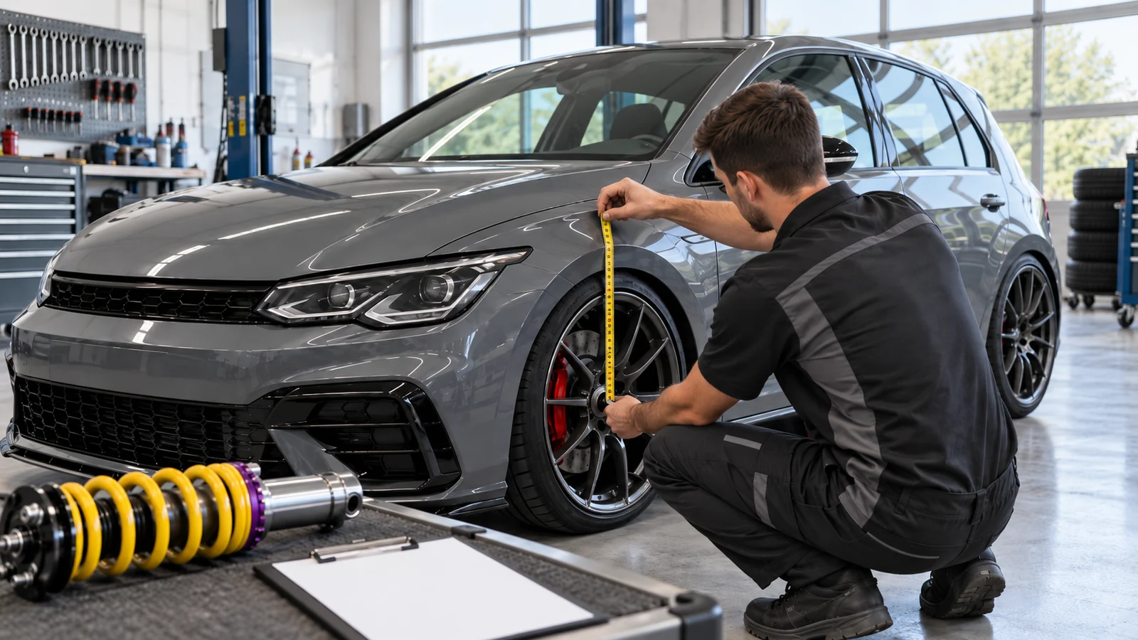 Mechaniker misst mit dem Bandmaß den Abstand von der Radmitte zur Radhauskante. KI-generierte Szene · redaktionell geprüft.