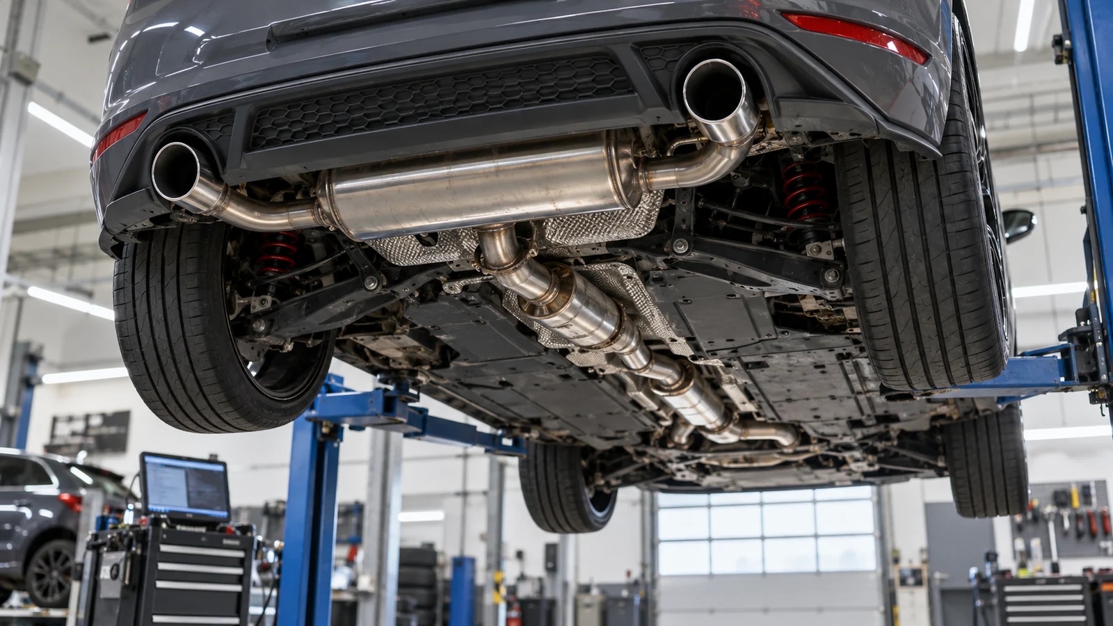Golf 7 GTI von unten auf der Hebebühne, Abgasanlage mit zwei Endrohren, im Hintergrund ein Diagnoserechner. KI-generierte Szene · redaktionell geprüft.