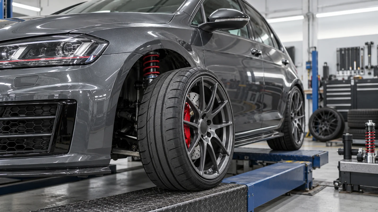 Golf 7 GTI auf der Prüfspur, im Radhaus ein Gewindefahrwerk mit roter Feder, daneben Federbeine auf dem Werkstattwagen. KI-generierte Szene · redaktionell geprüft.