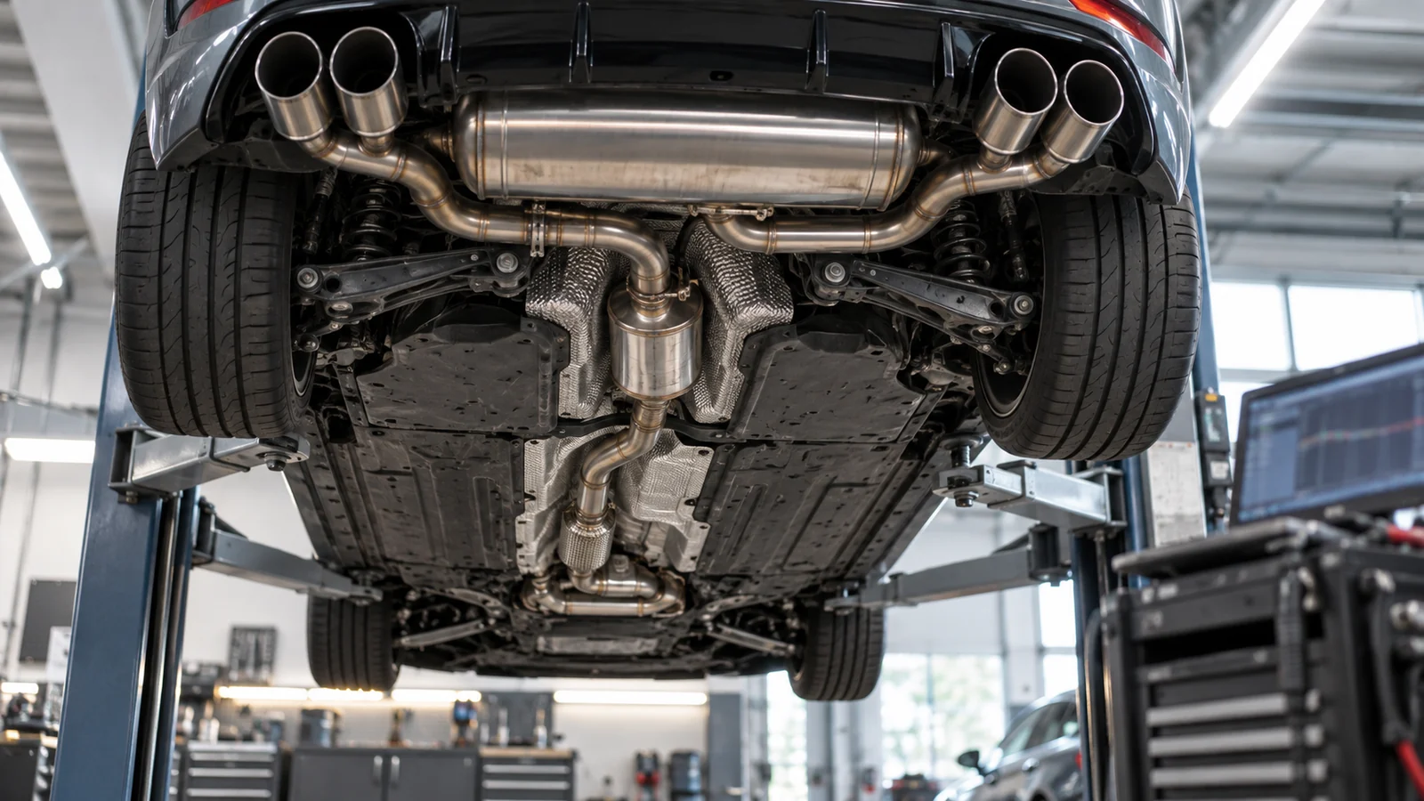 Golf 7 R von unten auf der Hebebühne, Abgasanlage mit vier Endrohren und Mittelschalldämpfer. KI-generierte Szene · redaktionell geprüft.