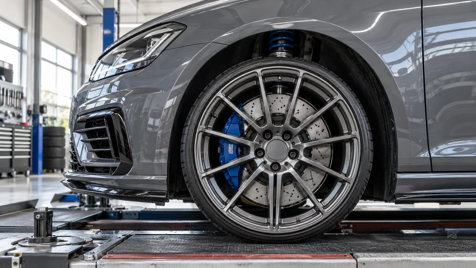 Vorderrad eines grauen Golf 7 R auf der Prüfspur mit blauem Bremssattel und blauer Fahrwerksfeder. KI-generierte Szene · redaktionell geprüft.