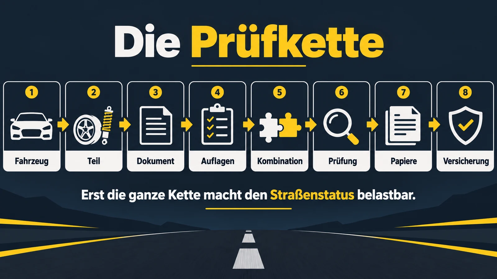 Prüfkette in acht Gliedern: Fahrzeug, Teil, Dokument, Auflagen, Kombination, Prüfung, Papiere, Versicherung