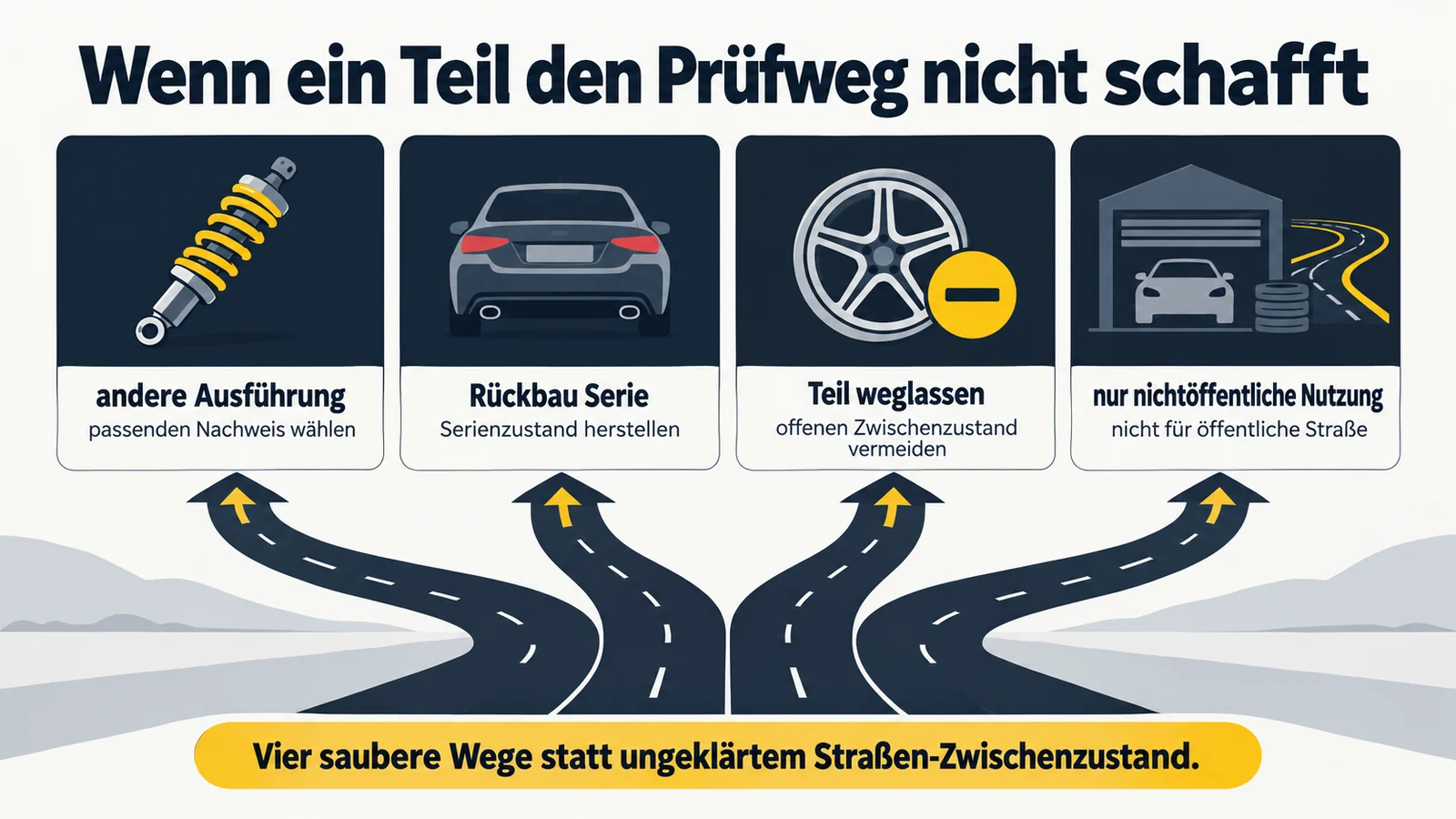 Vier Wege, wenn ein Teil den Prüfweg nicht schafft: andere Ausführung, Rückbau, weglassen, nichtöffentliche Nutzung