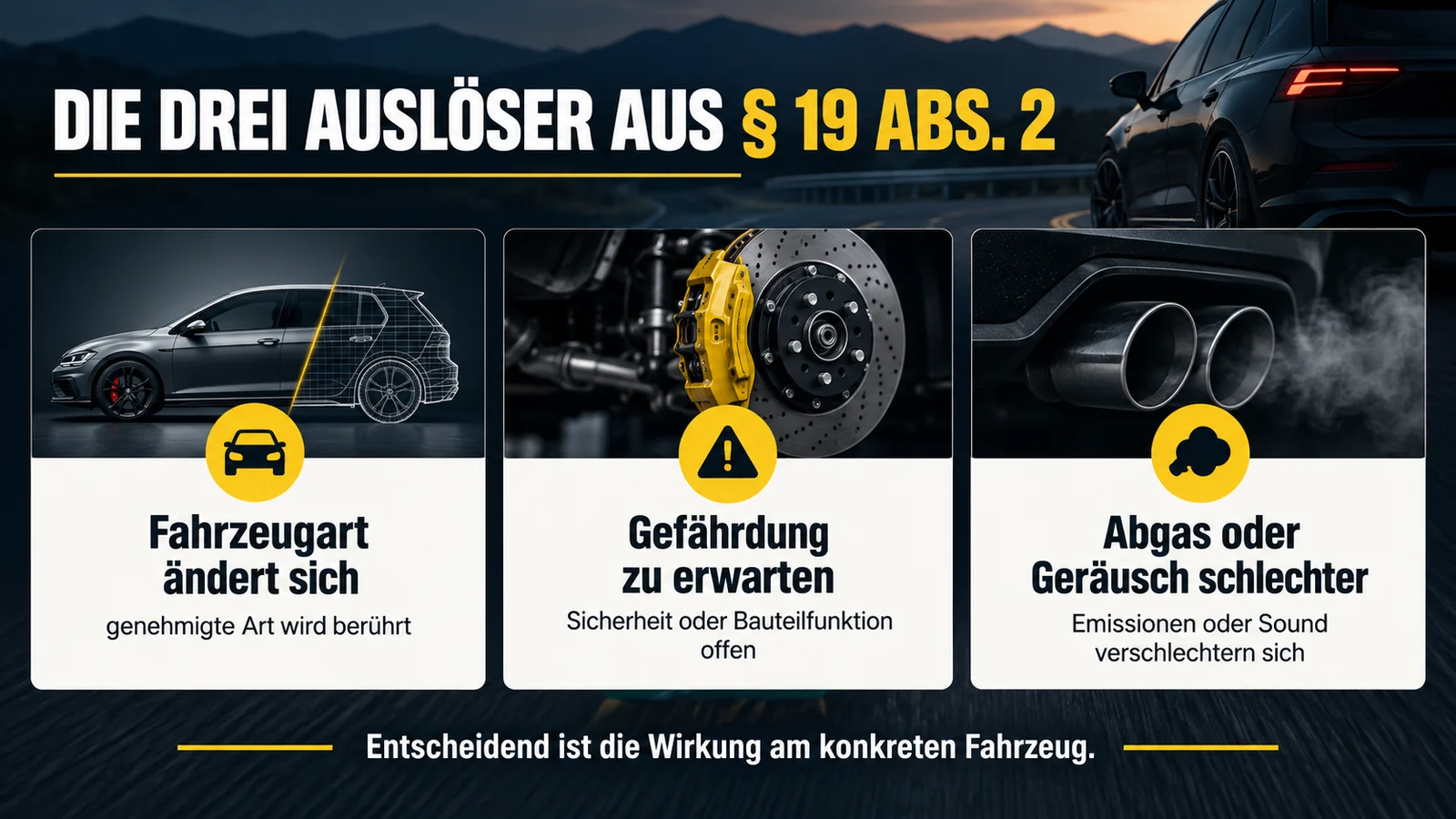 Drei Karten zu geänderter Fahrzeugart, erwartbarer Gefährdung und schlechterem Abgas oder Geräusch.