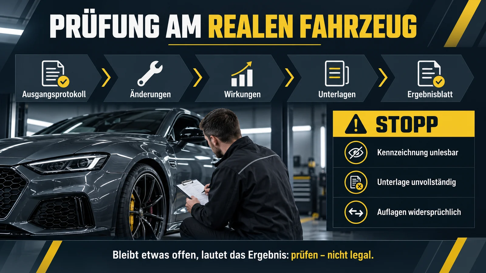 Ablauf vom Ausgangsprotokoll bis zum Ergebnisblatt, daneben drei Stopp-Gründe.