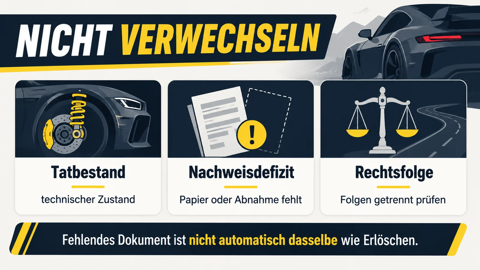 Drei Karten trennen technischen Zustand, fehlendes Papier und Rechtsfolge.