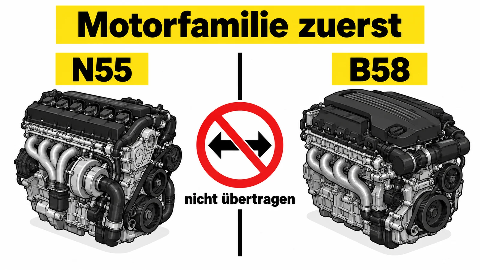 Grafik stellt die beiden Reihensechszylinder N55 und B58 nebeneinander und trennt sie durch ein Verbotszeichen.
