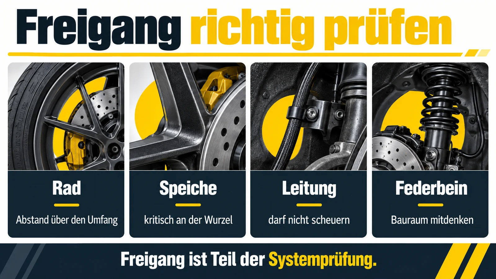 Vier Nahaufnahmen zeigen Abstände an Rad, Speiche, Leitung und Federbein.
