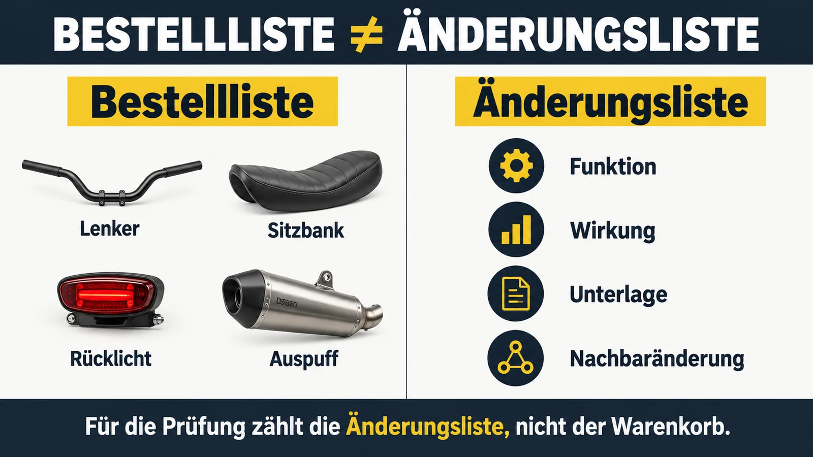 Gegenüberstellung von vier bestellten Teilen und vier Prüffeldern einer Änderungsliste.