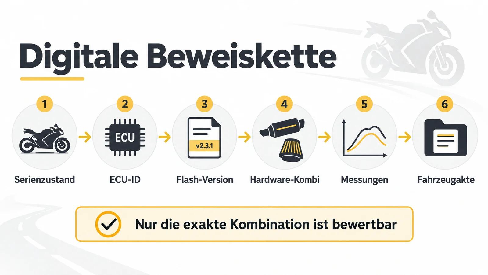 Beweiskette in sechs Gliedern: Serienzustand, ECU-ID, Flash-Version, Hardware-Kombination, Messungen, Fahrzeugakte