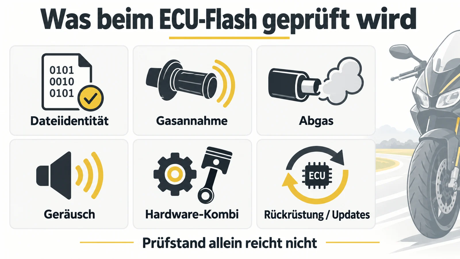 Sechs Prüffelder: Dateiidentität, Gasannahme, Abgas, Geräusch, Hardware-Kombination, Rückrüstung und Updates