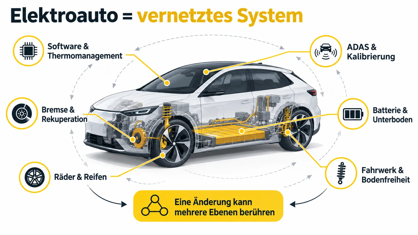 Durchsichtiges Elektroauto mit sechs beschrifteten Bereichen von Software über Bremse bis Batterie.