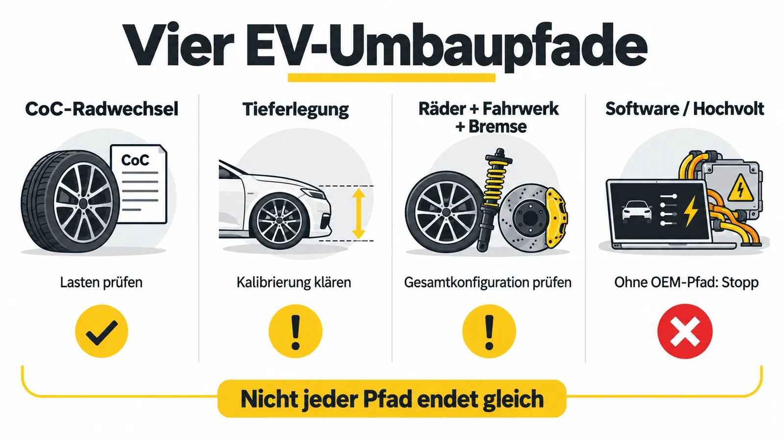 Vier Kacheln zu Radwechsel, Tieferlegung, Fahrwerk mit Bremse und Software mit Hochvolt, jede mit eigenem Signal.