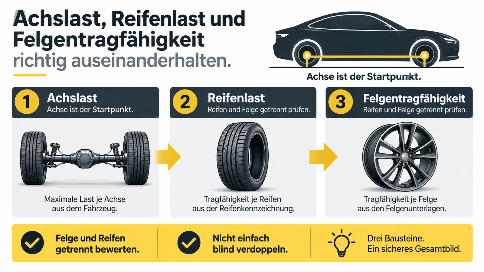 Drei Stufen: Achslast am Fahrzeug, Tragfähigkeit des Reifens, Tragfähigkeit der Felge