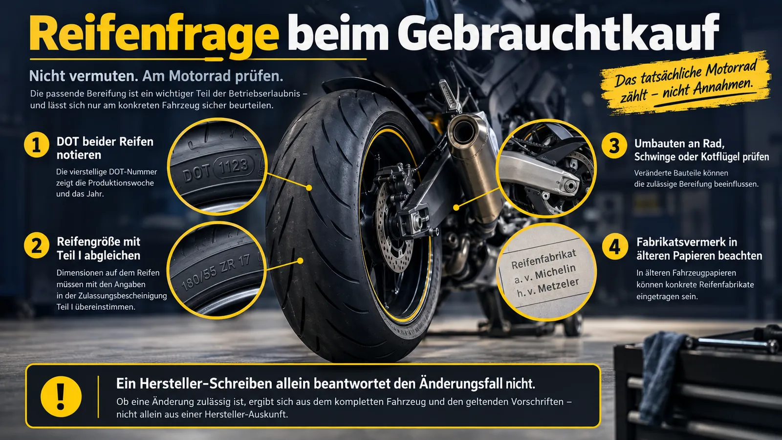 Schaubild mit vier Prüfpunkten am Hinterrad, von der DOT-Nummer bis zum Fabrikatsvermerk.