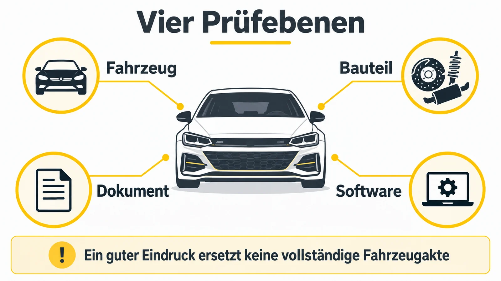 Vier Prüfebenen rund um ein Auto: Fahrzeug, Bauteil, Dokument und Software