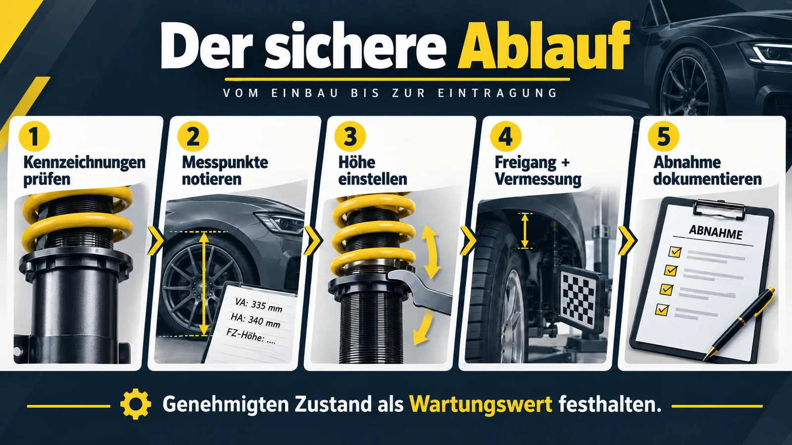 Fünf Schritte von der Kennzeichnung über Messpunkte und Höhe bis zur Abnahme
