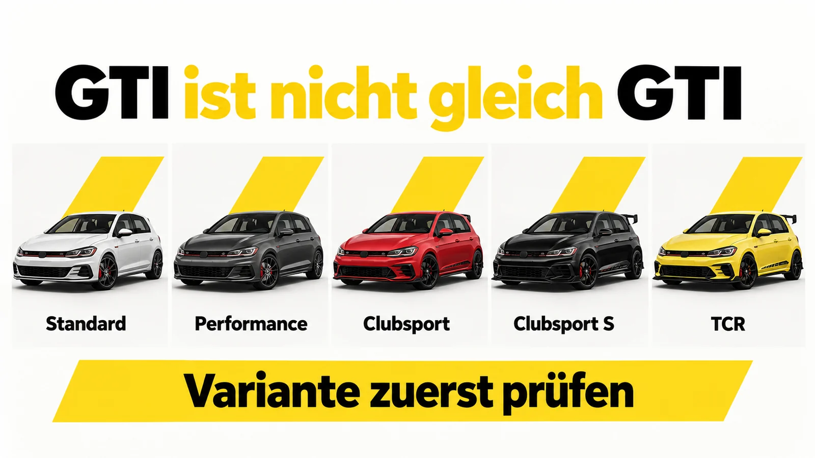 Grafik stellt fünf GTI-Ausführungen nebeneinander: Standard, Performance, Clubsport, Clubsport S und TCR.