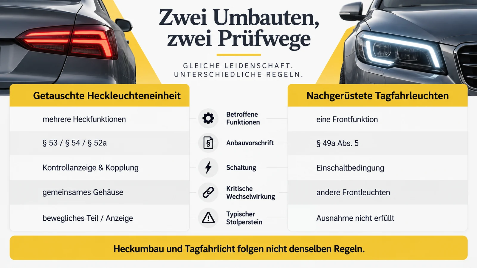Gegenüberstellung von getauschter Heckleuchteneinheit und nachgerüsteten Tagfahrleuchten in fünf Zeilen