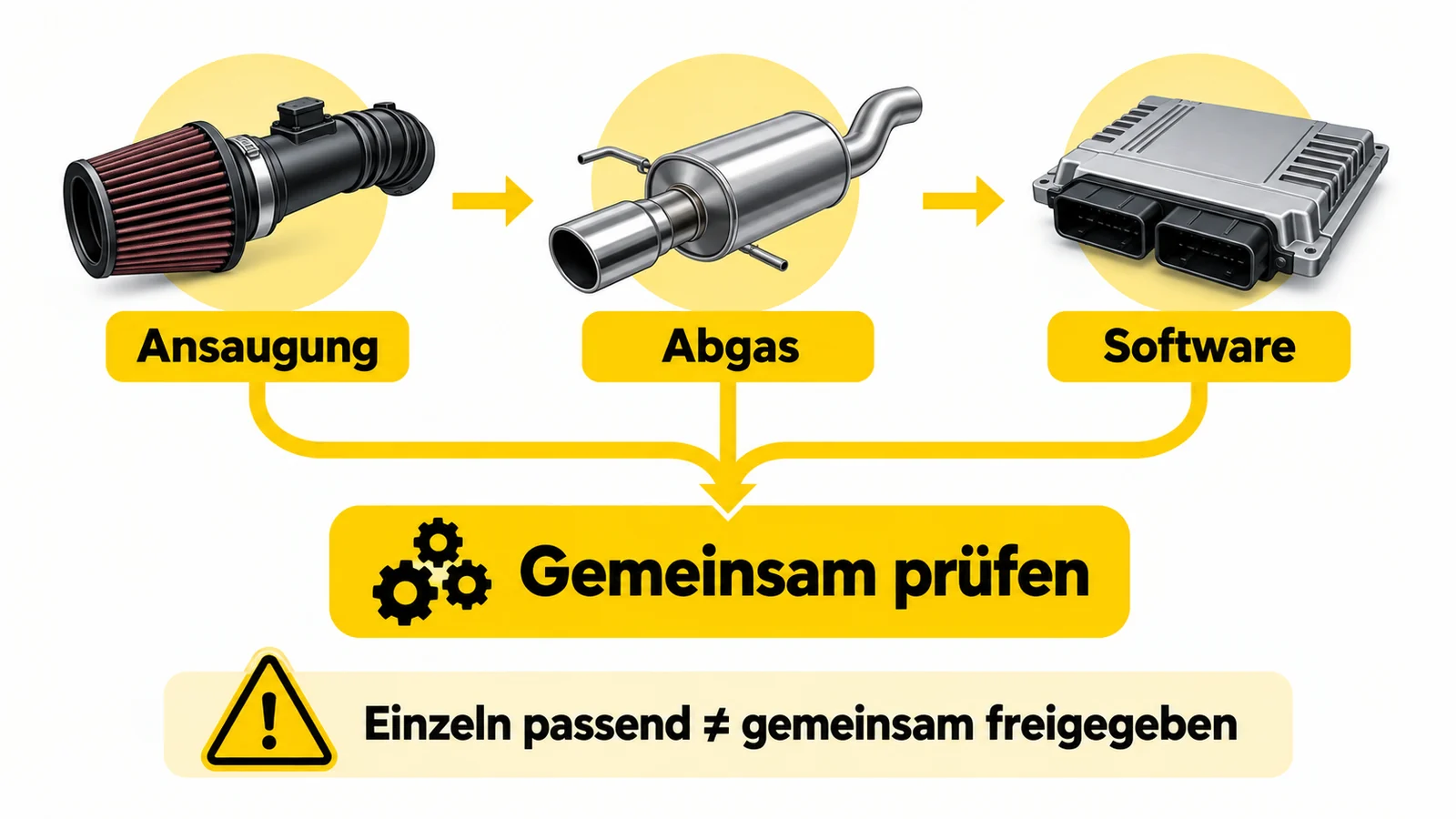 Grafik führt Ansaugung, Abgas und Software zusammen und verlangt die gemeinsame Prüfung.