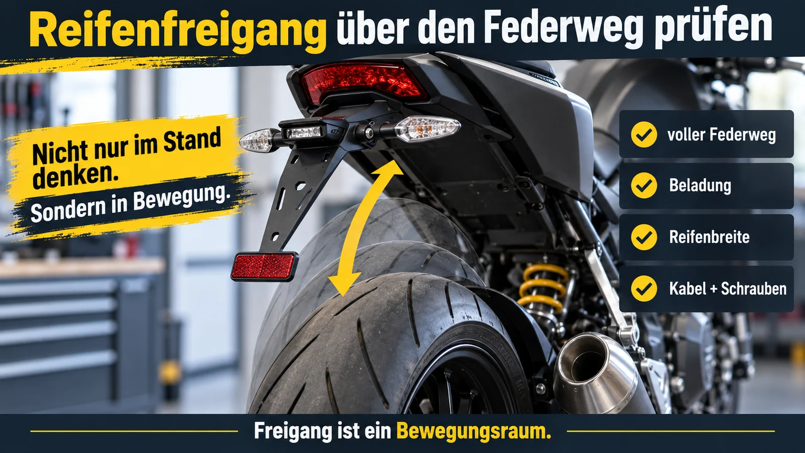 Motorradheck mit Pfeil für den Federweg und Checkliste zu Beladung, Reifenbreite, Kabeln und Schrauben