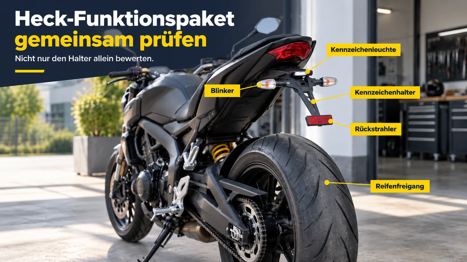 Motorradheck mit Beschriftungen zu Kennzeichenleuchte, Blinker, Halter, Rückstrahler und Reifenfreigang