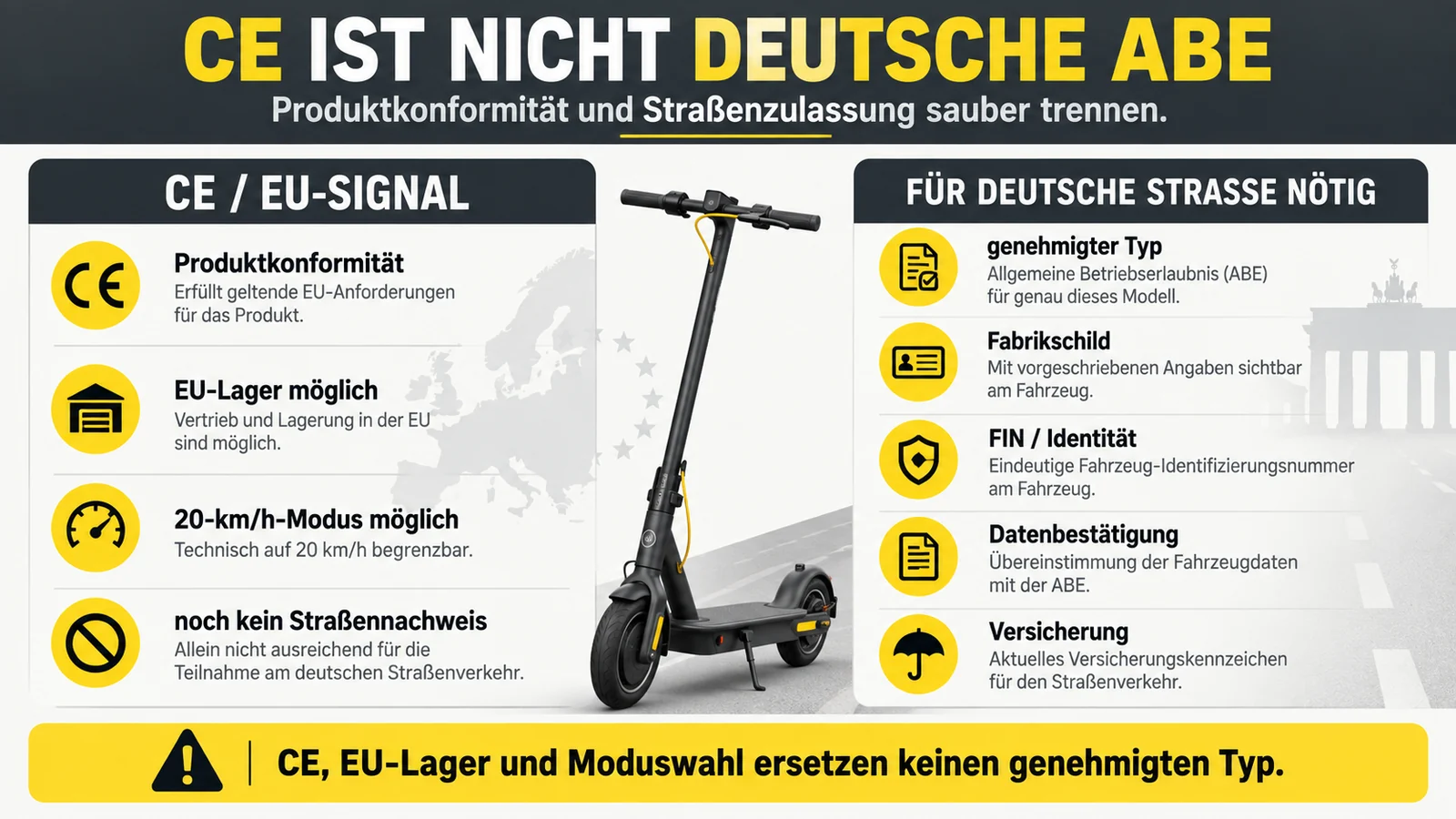 Zwei Spalten stellen das CE-Signal den für die deutsche Straße nötigen Nachweisen gegenüber.