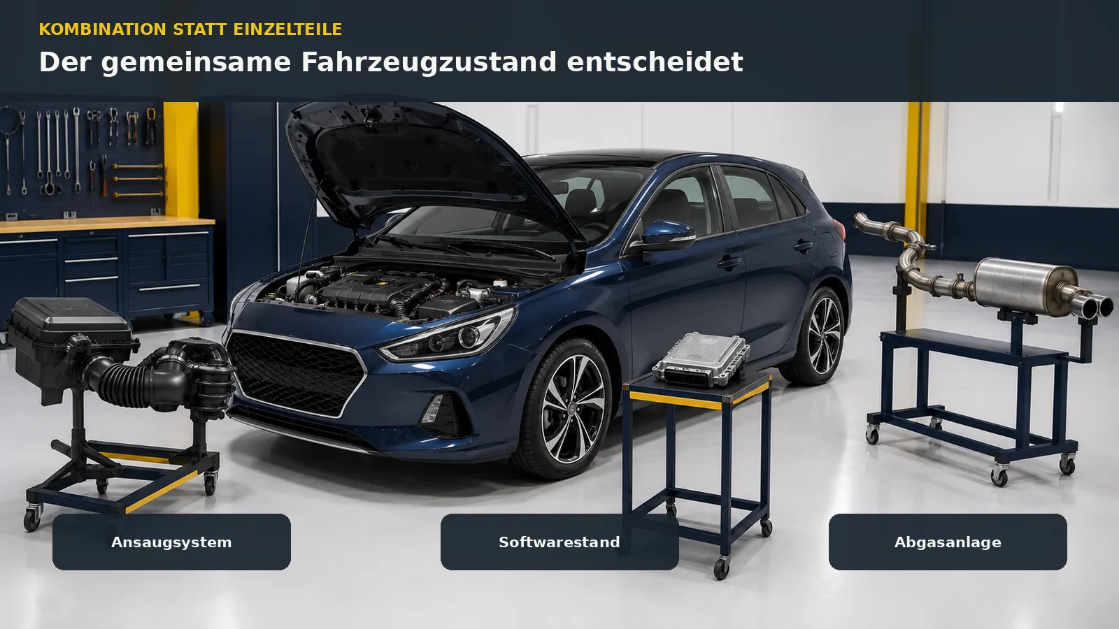 Komponentenübersicht zu Ansaugsystem, Softwarestand und Abgasanlage