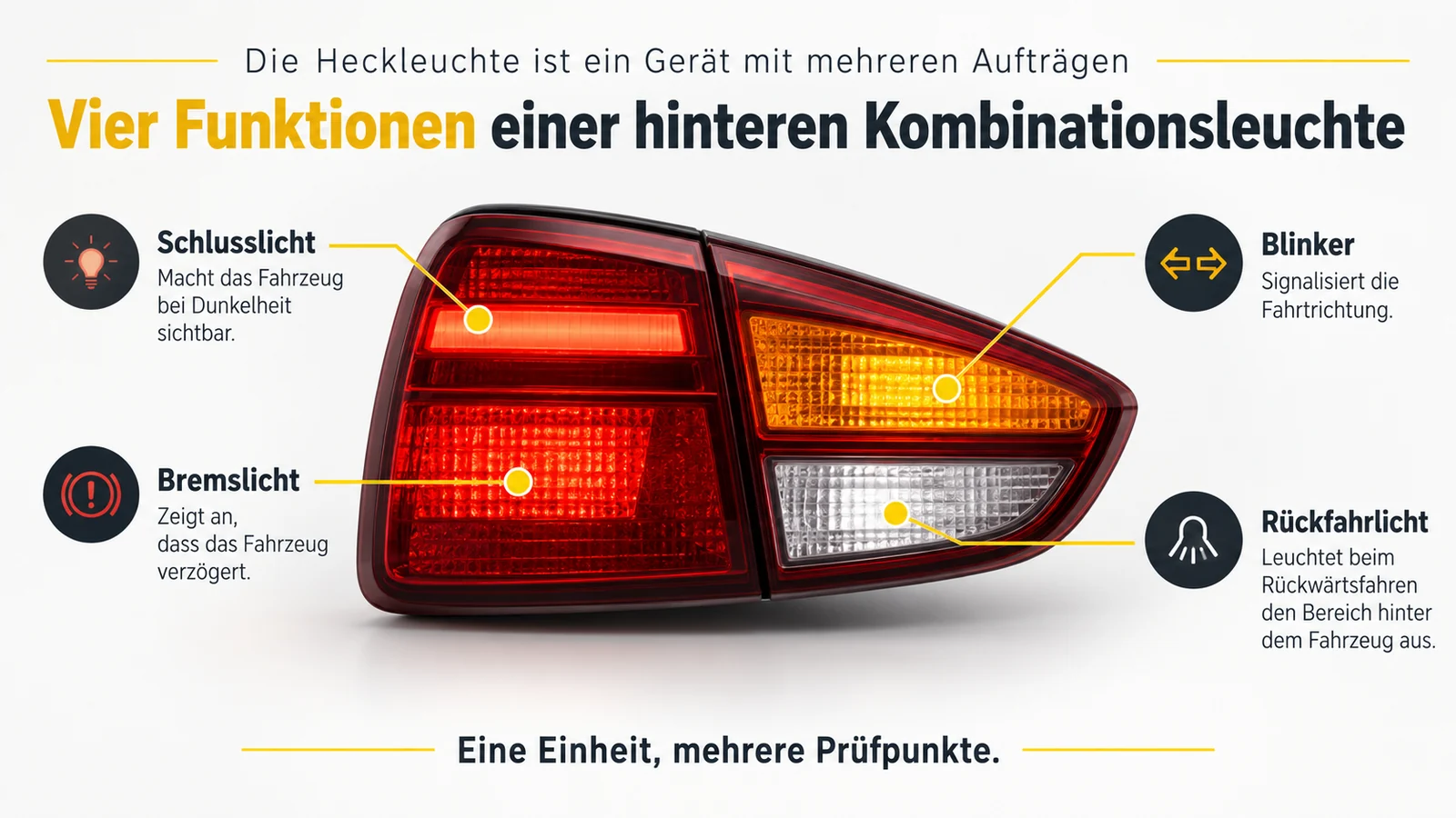 Rote Heckleuchte mit Beschriftungen zu Schlusslicht, Bremslicht, Blinker und Rückfahrlicht