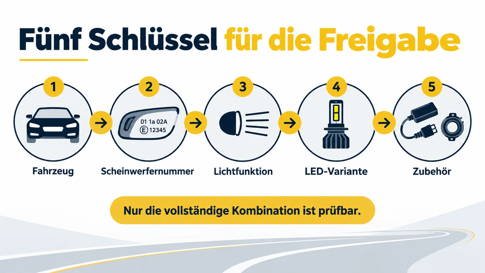 Fünf Kreise von Fahrzeug über Scheinwerfernummer und Lichtfunktion bis LED-Variante und Zubehör