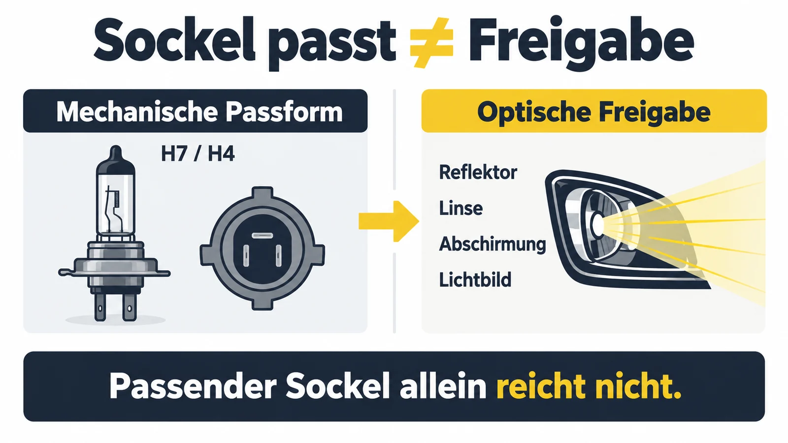 Halogenlampe und Fassung neben einem Scheinwerfer mit Lichtkegel, getrennt durch ein Ungleichzeichen