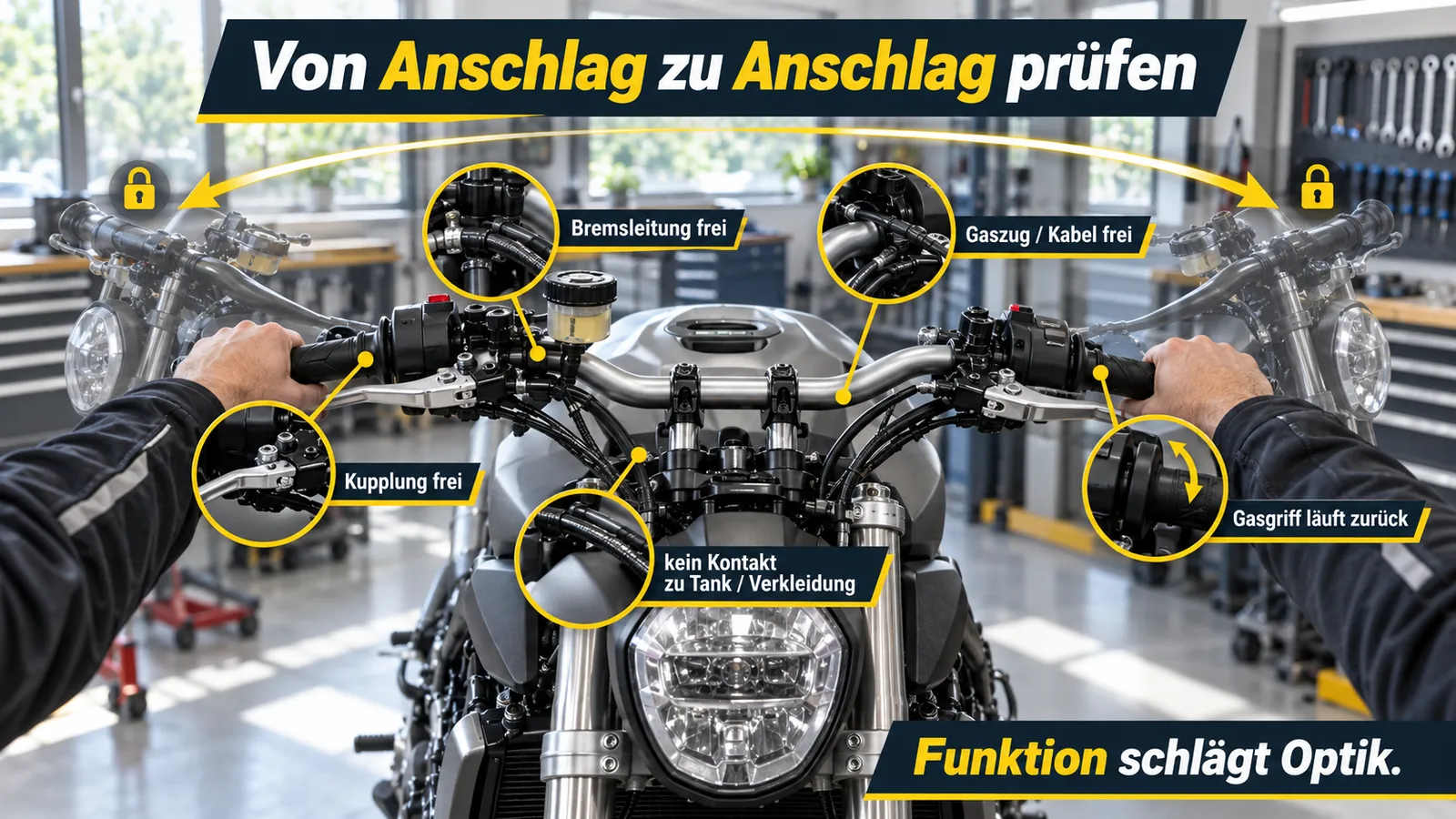 Schaubild: Lenker bei vollem Links- und Rechtsanschlag mit fünf markierten Freigangpunkten.