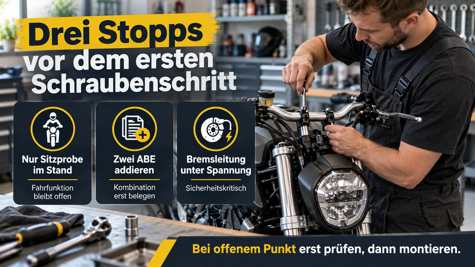 Schaubild mit drei Warnkarten vor dem Schrauben neben einem Mechaniker am Lenker.