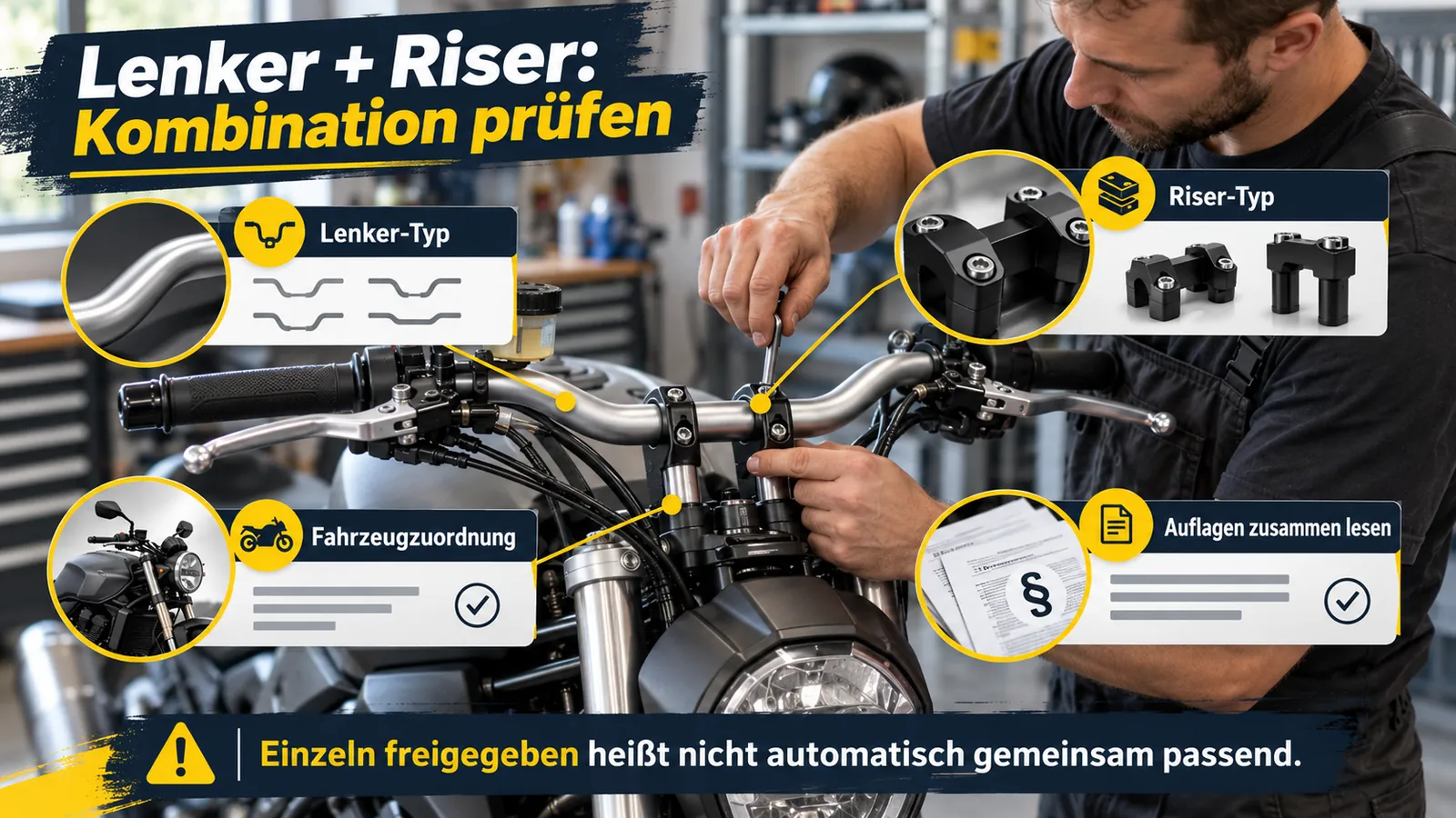 Schaubild mit vier Lupen auf Lenker-Typ, Riser-Typ, Fahrzeugzuordnung und Auflagen über einem Werkstattfoto.
