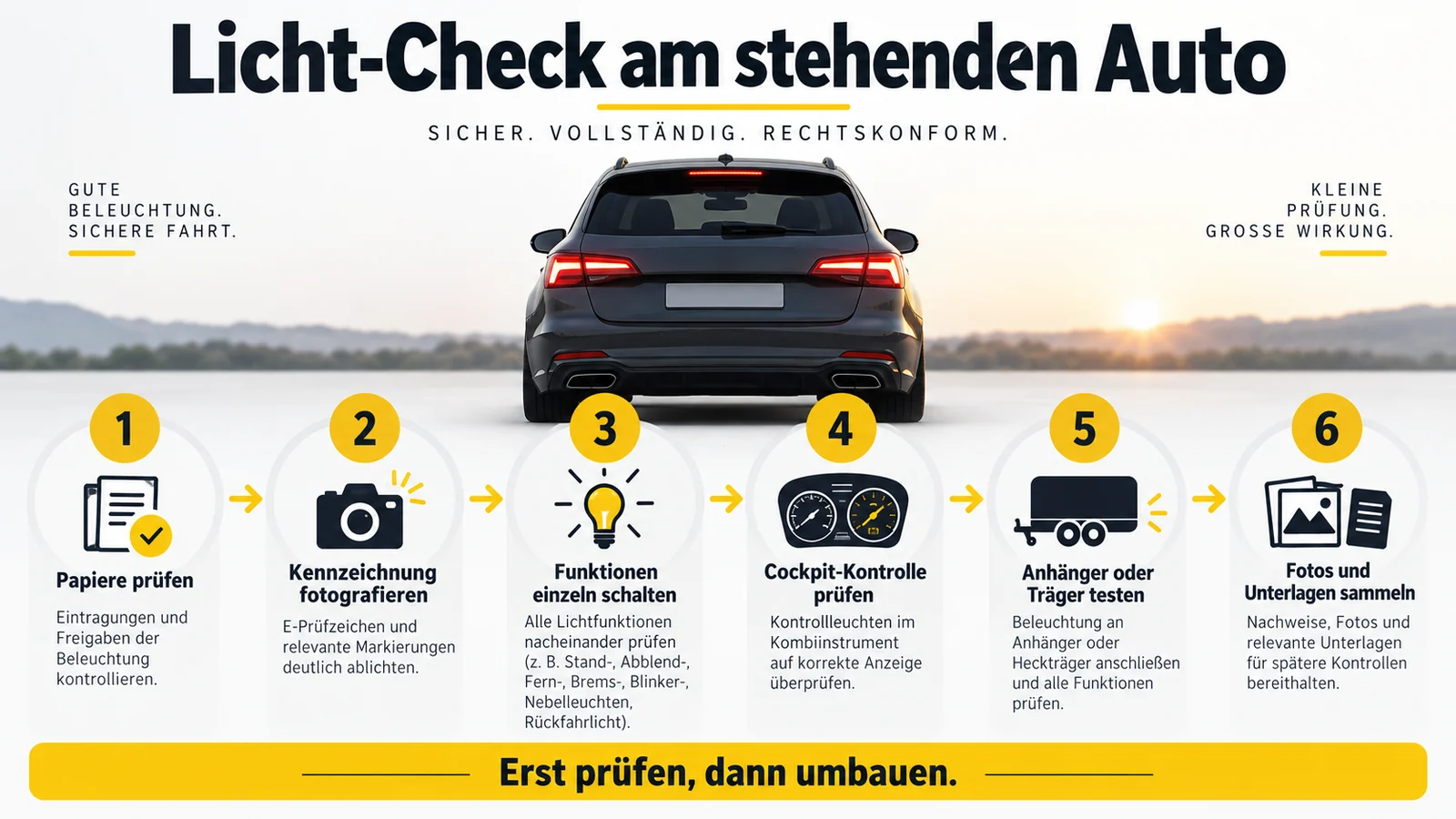 Auto von hinten und sechs nummerierte Schritte für den Lichtcheck im Stand