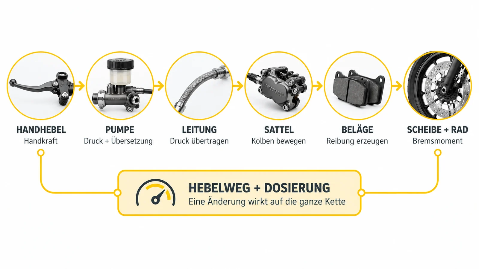 Die Bremskette vom Handhebel über Pumpe, Leitung, Sattel und Beläge bis zu Scheibe und Rad