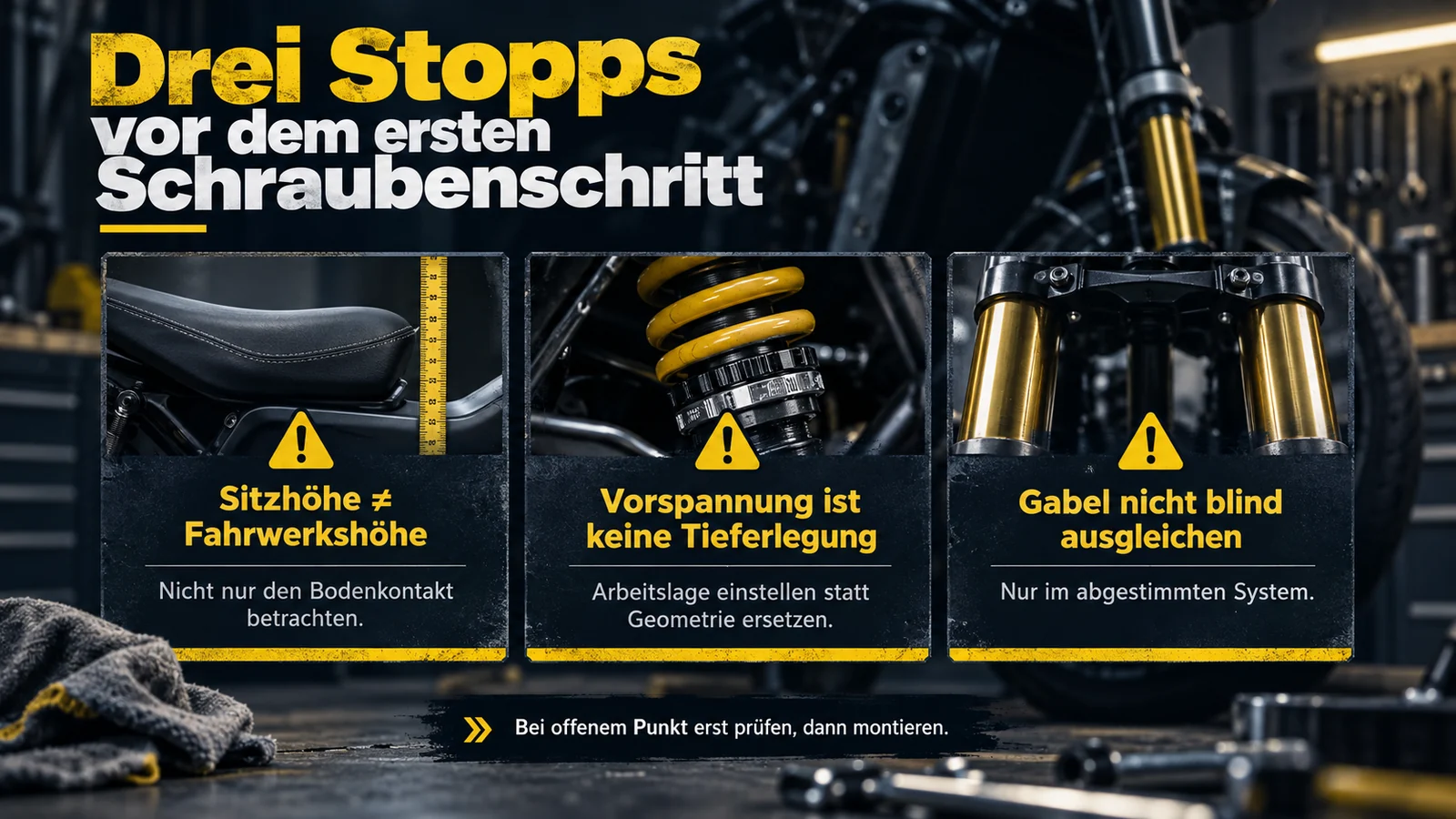 Drei Warnkarten: Sitzhöhe ist nicht Fahrwerkshöhe, Vorspannung ersetzt keine Tieferlegung, Gabel nicht blind ausgleichen