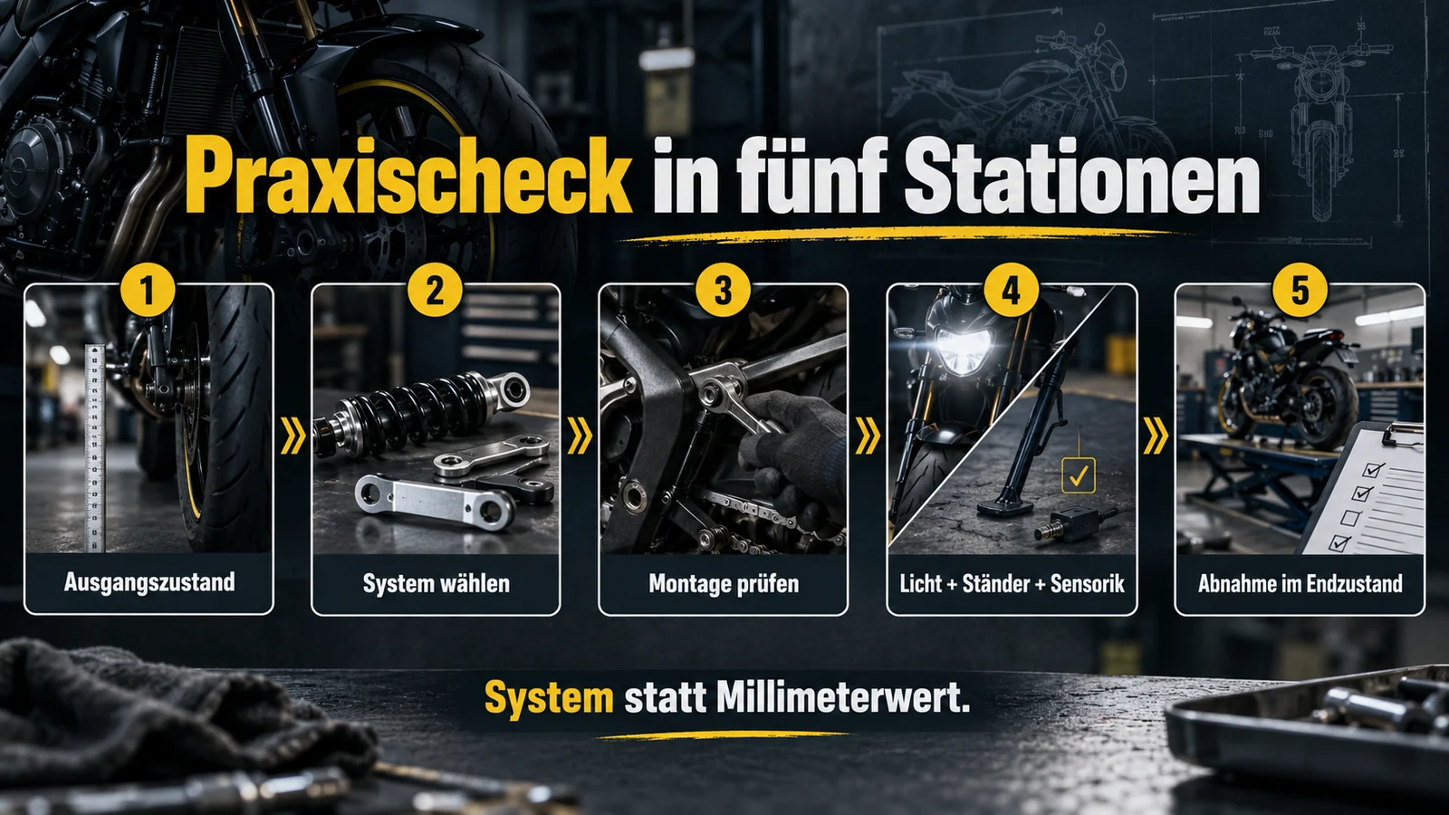 Fünf Stationen von Ausgangszustand über Systemwahl, Montage und Licht, Ständer, Sensorik bis zur Abnahme