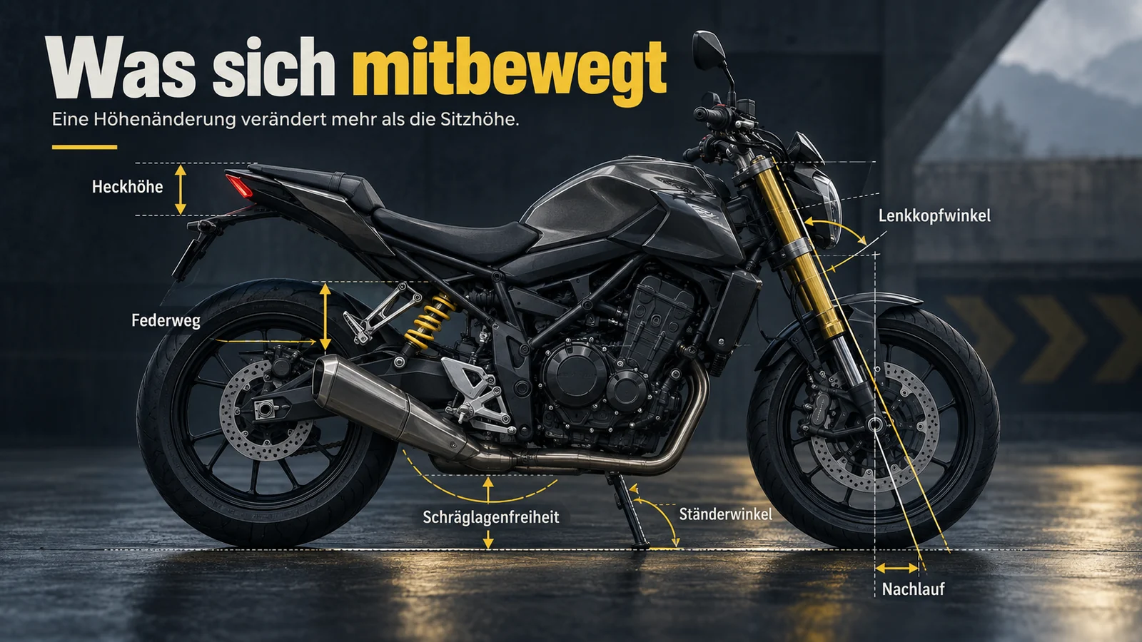 Motorrad in Seitenansicht mit Maßlinien für Heckhöhe, Federweg, Schräglagenfreiheit, Ständerwinkel, Lenkkopfwinkel und Nachlauf
