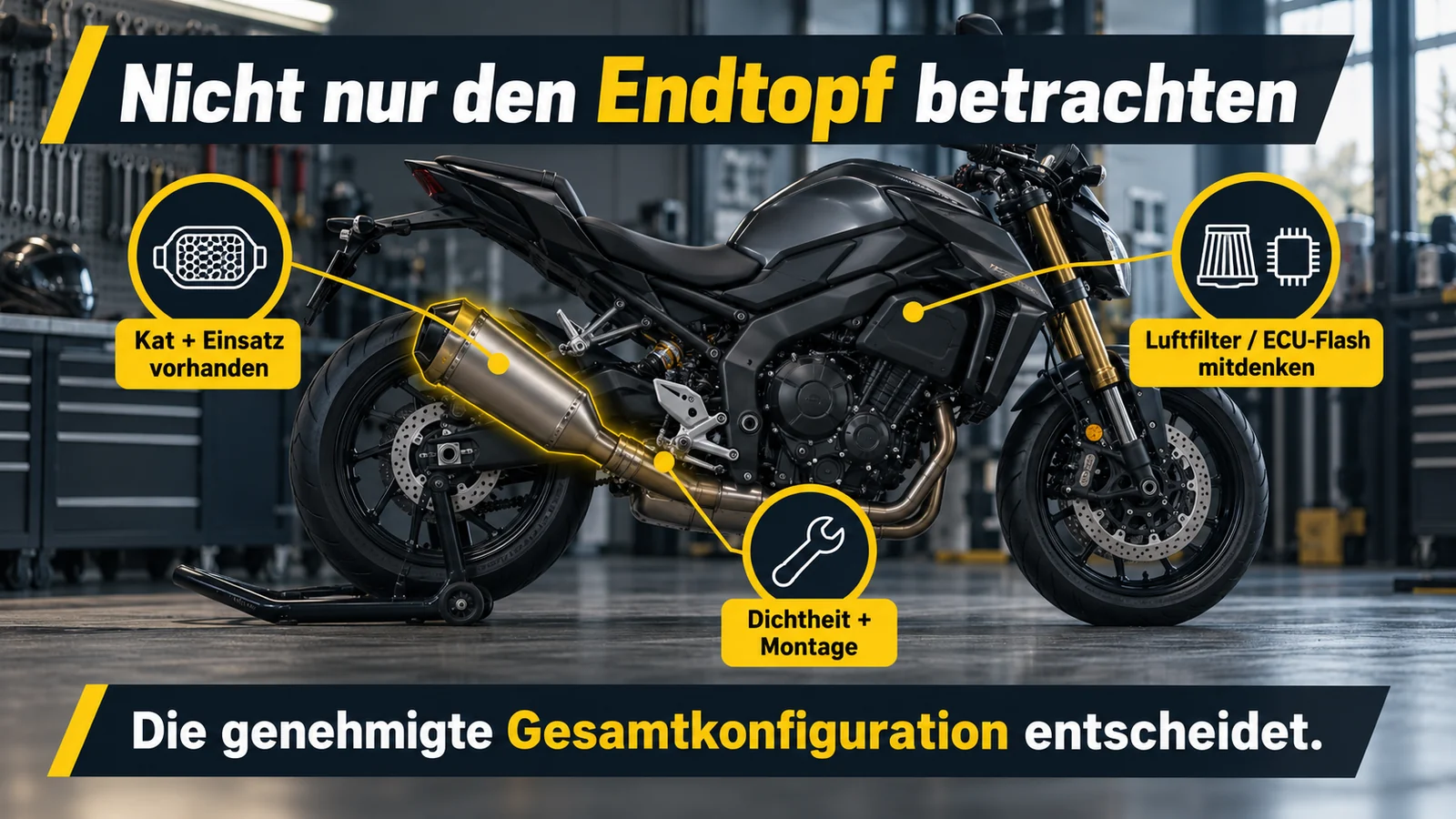 Motorrad mit drei Markierungen: Einsatz am Schalldämpfer, Montagestelle und Luftfilterbereich.