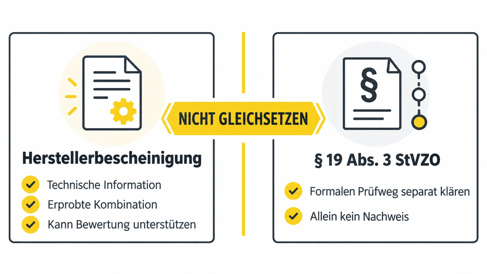 Zwei Kacheln stellen die Herstellerbescheinigung dem formalen Prüfweg gegenüber, dazwischen der Hinweis nicht gleichsetzen.
