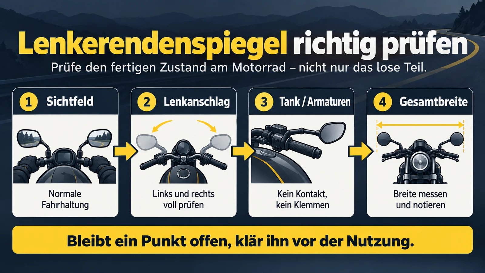Schaubild mit vier Prüfpunkten: Sichtfeld, Lenkanschlag, Tank und Armaturen sowie Gesamtbreite.