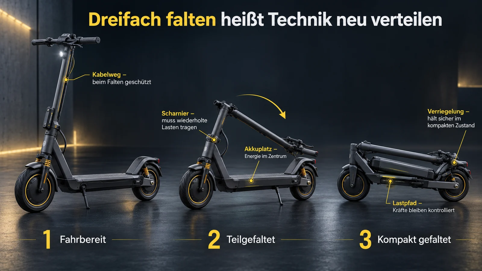 Ein E-Scooter in drei Faltstufen, beschriftet mit Kabelweg, Scharnier, Akkuplatz, Verriegelung und Lastpfad