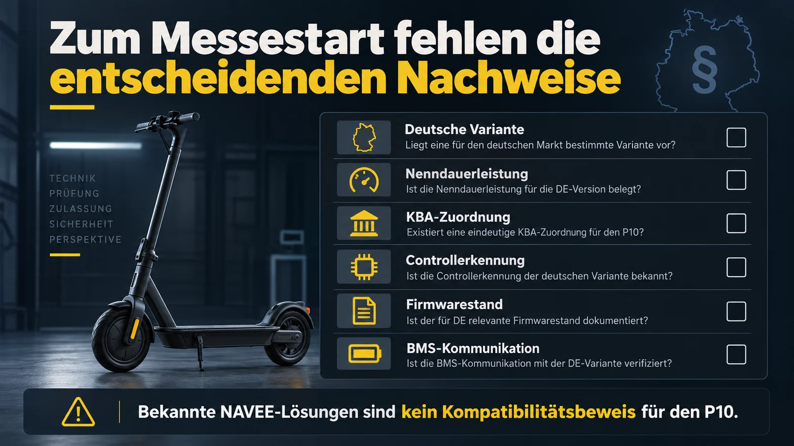 Checkliste mit sechs offenen Punkten: deutsche Variante, Nenndauerleistung, KBA-Zuordnung, Controllerkennung, Firmwarestand, BMS